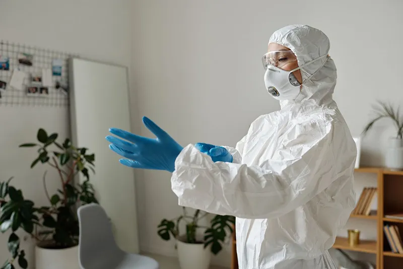 A woman getting ready to do professional crime scene cleanup in Montauk